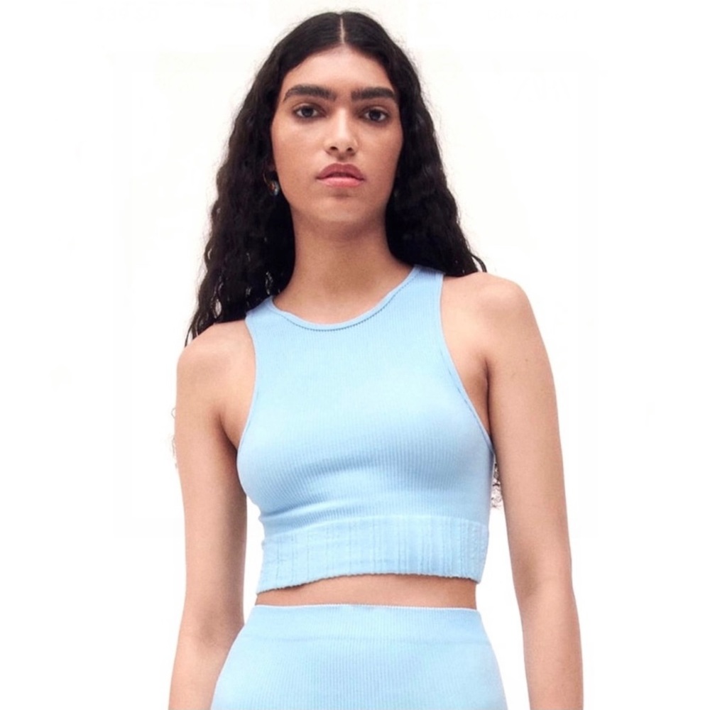 NEW ZARA BLUE RIBBED SEAMLESS CROP TOP